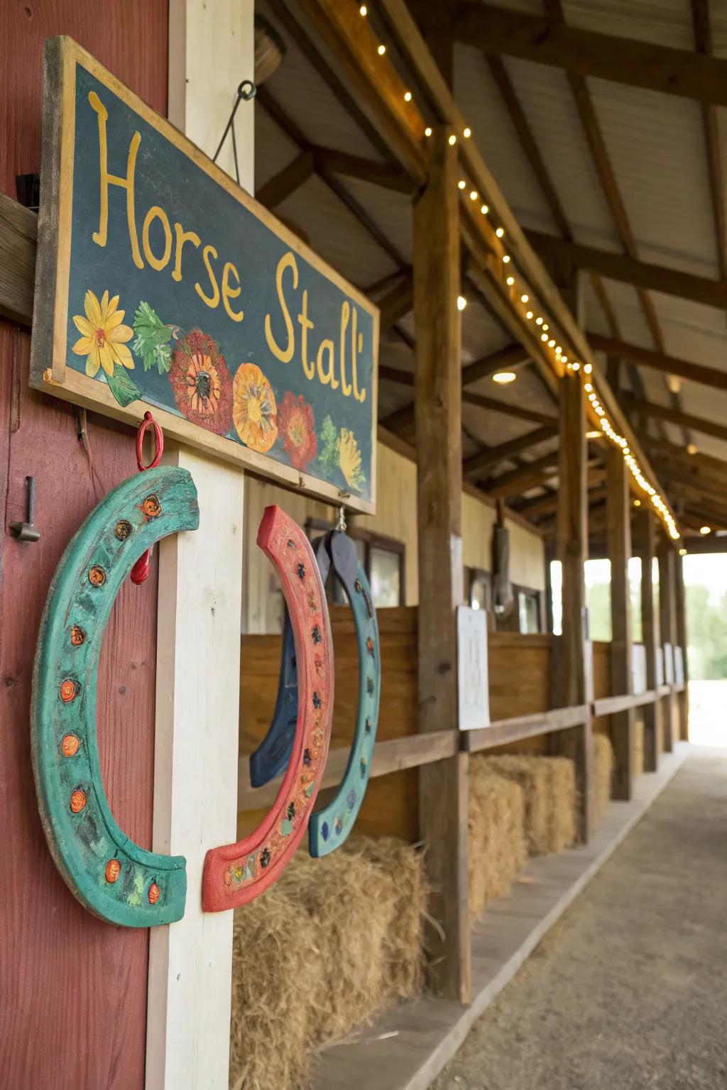 Whimsical coated equine shoes adorning a stall marker.