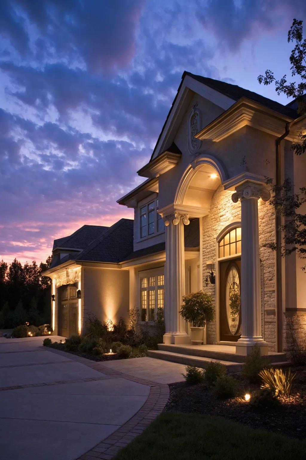 Lights highlight the architectural details beautifully.