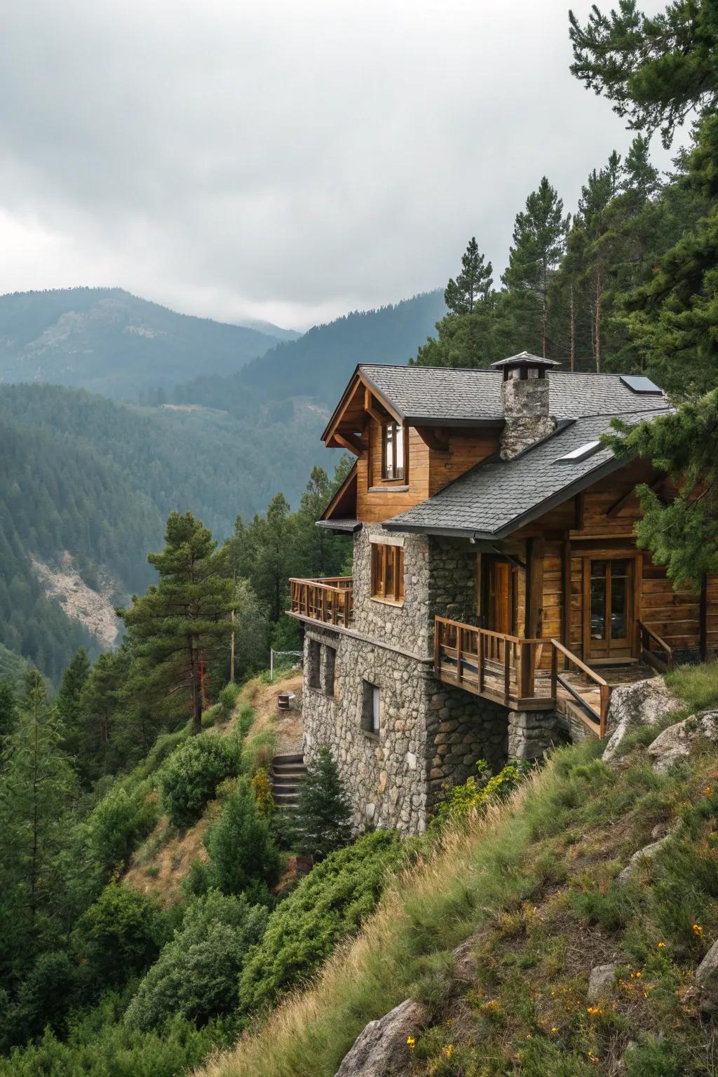Wood and stone help a home blend in.