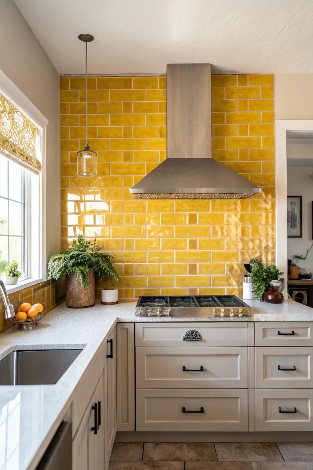Elevate your cooking area using understated shades and a splash of boldness through tiles. #InteriorDesign #HomeStyle #KitchenInspo