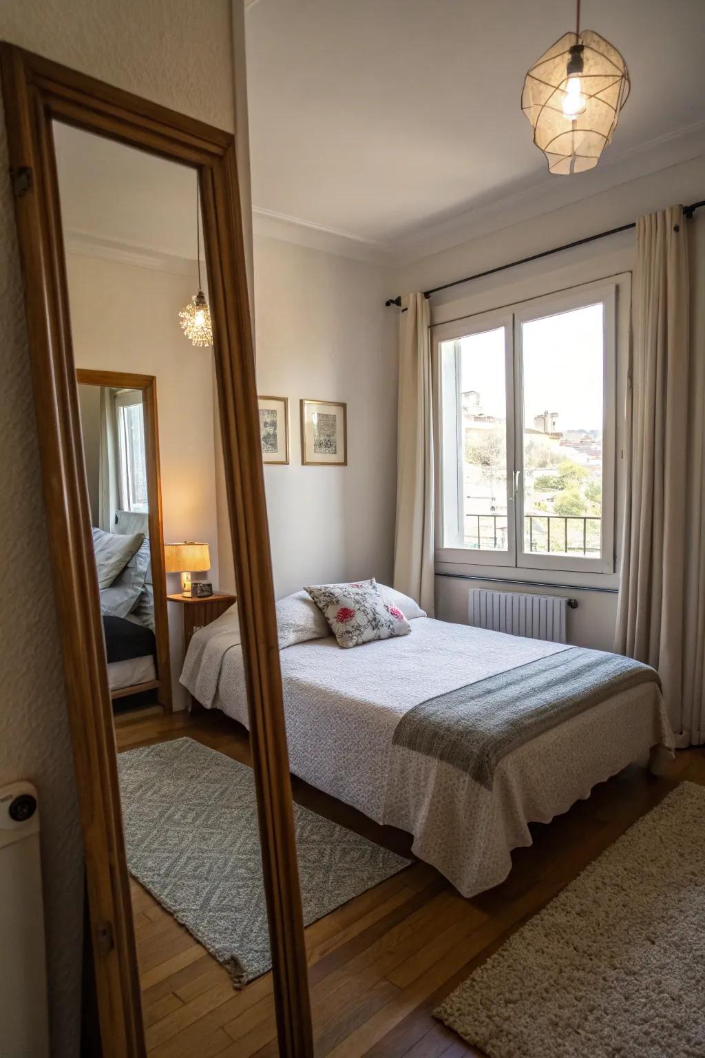 A sizable mirror within a petite bedroom bounces light, thereby augmenting the space&rsquo;s sense of openness.