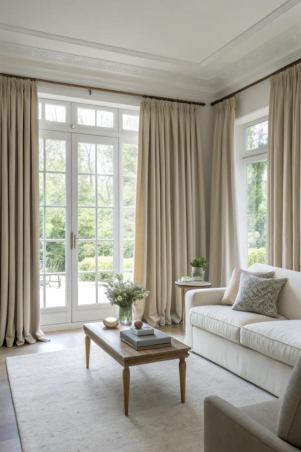 Coordinating window coverings with wall tones fosters a unified living area ambiance.