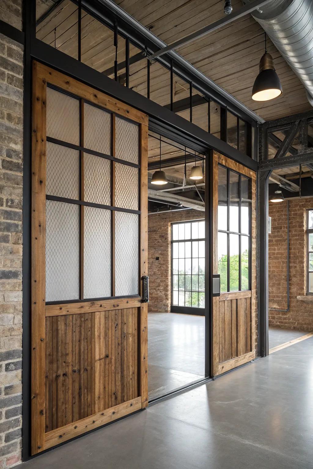 The blending of materials introduces a modern and industrial flair to French doors.