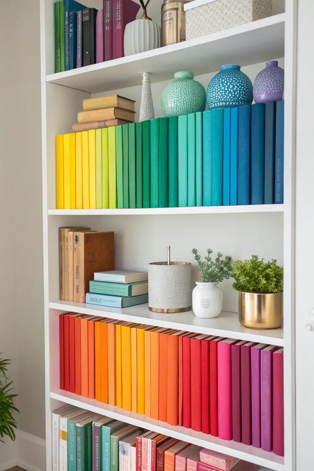 A bookshelf where palettes are synchronized, exhibiting harmonious decor.