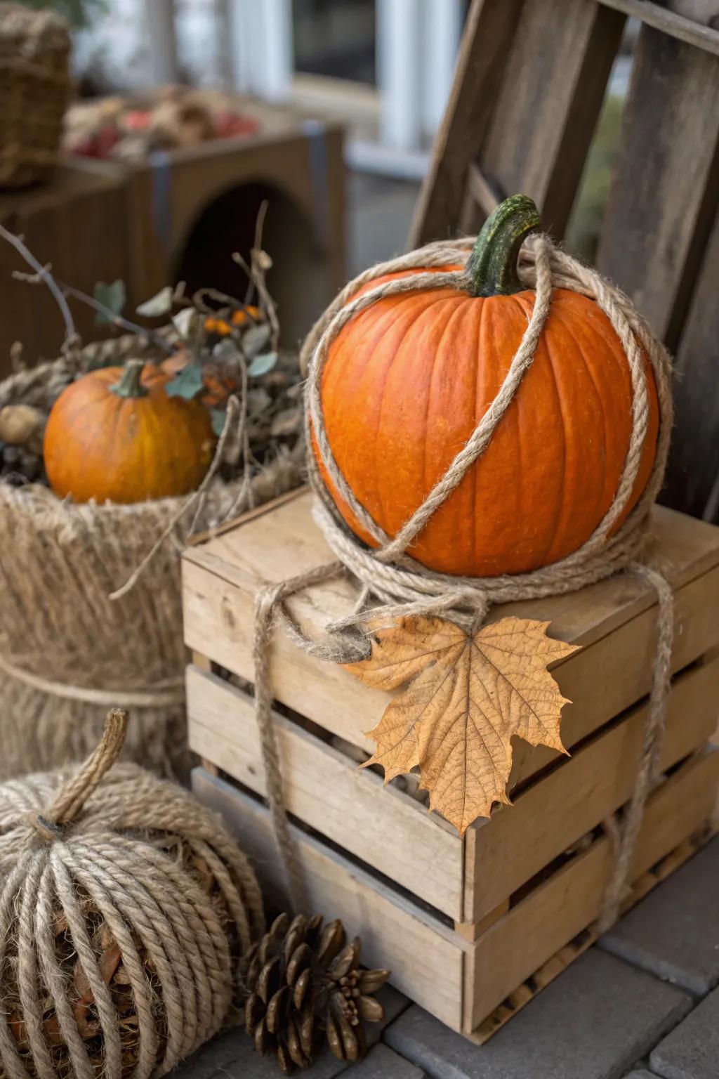 A rope-enclosed pumpkin that radiates rustic fascination.