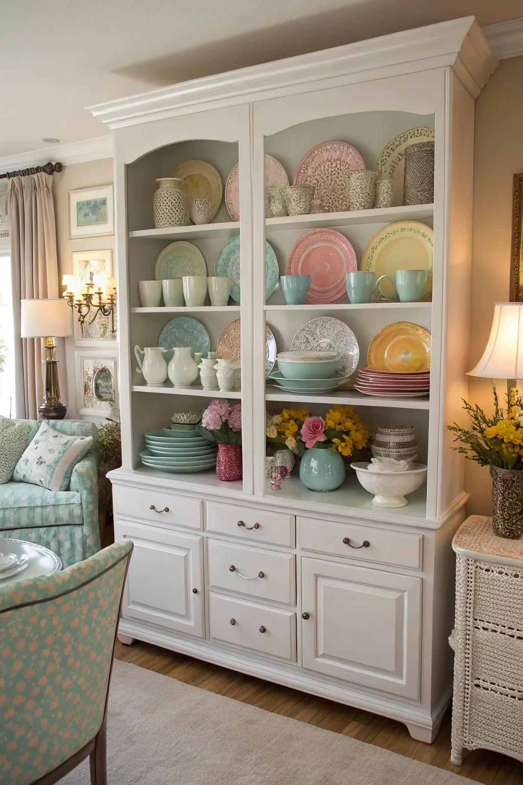 A color-harmonized display of china that complements the space's design.