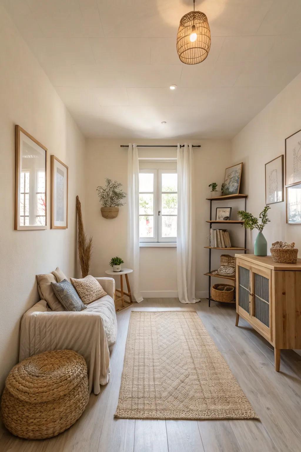A small room that feels bigger thanks to light-colored walls.
