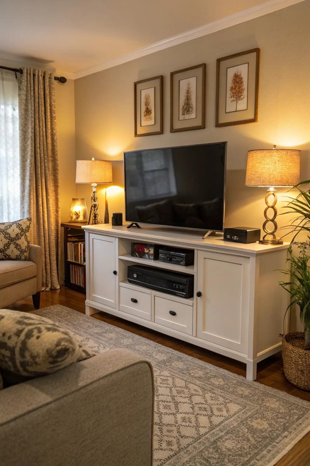 Clever furniture arrangement effectively conceals wires.