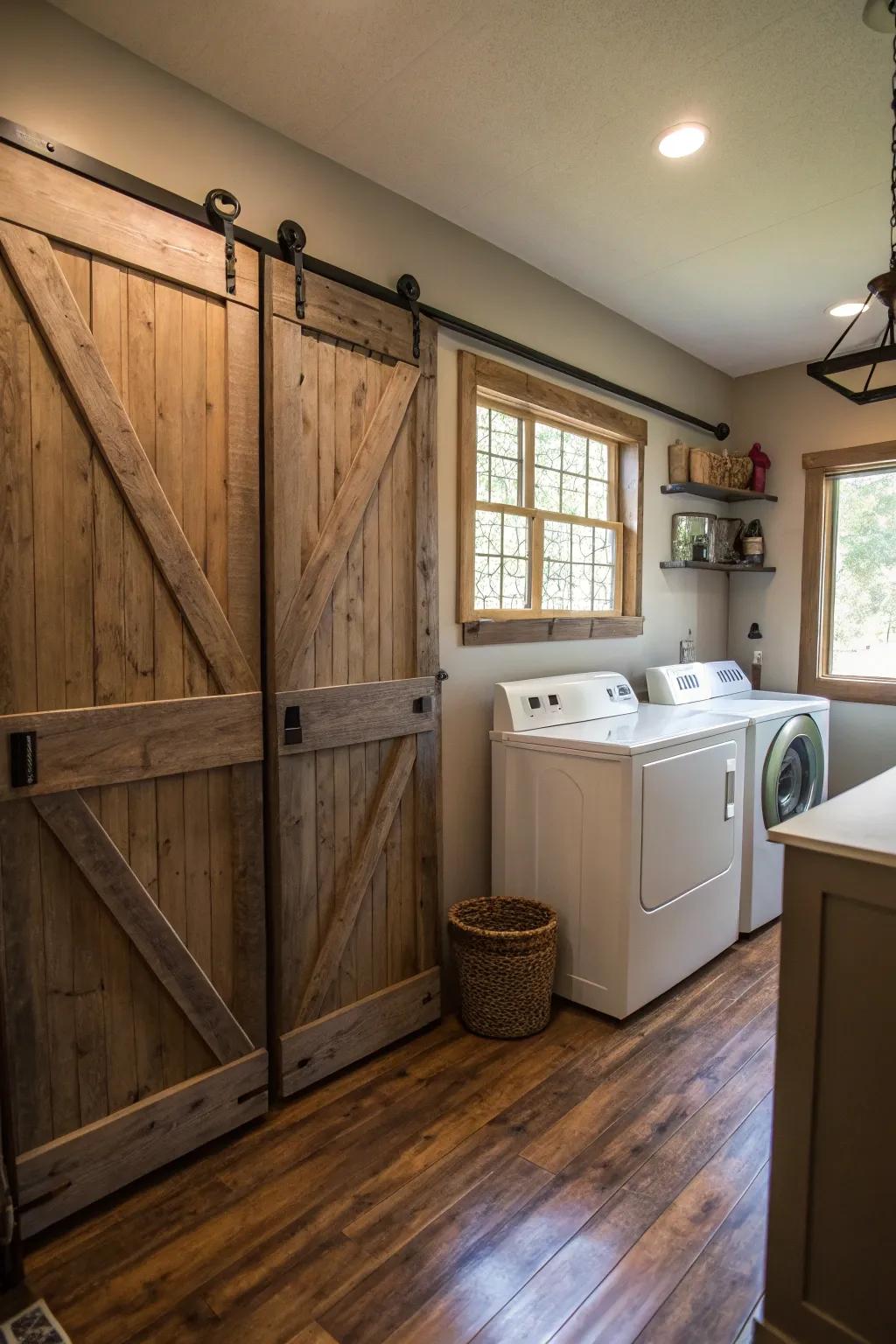 Barn doors infuse character and conceal appliances with flair.