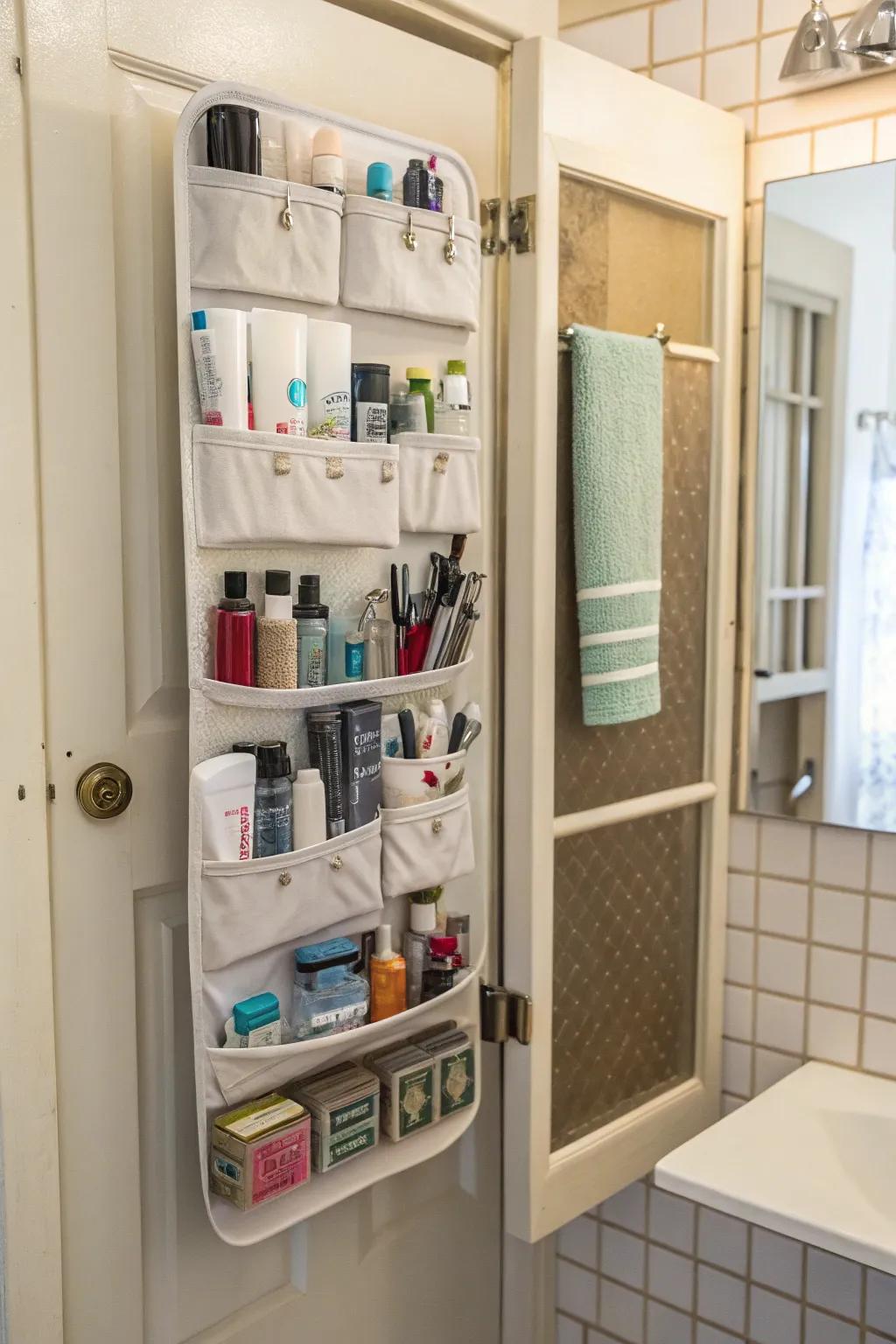 Cabinet door equipped with storage racks and pockets, perfect for organizing small bathroom essentials.