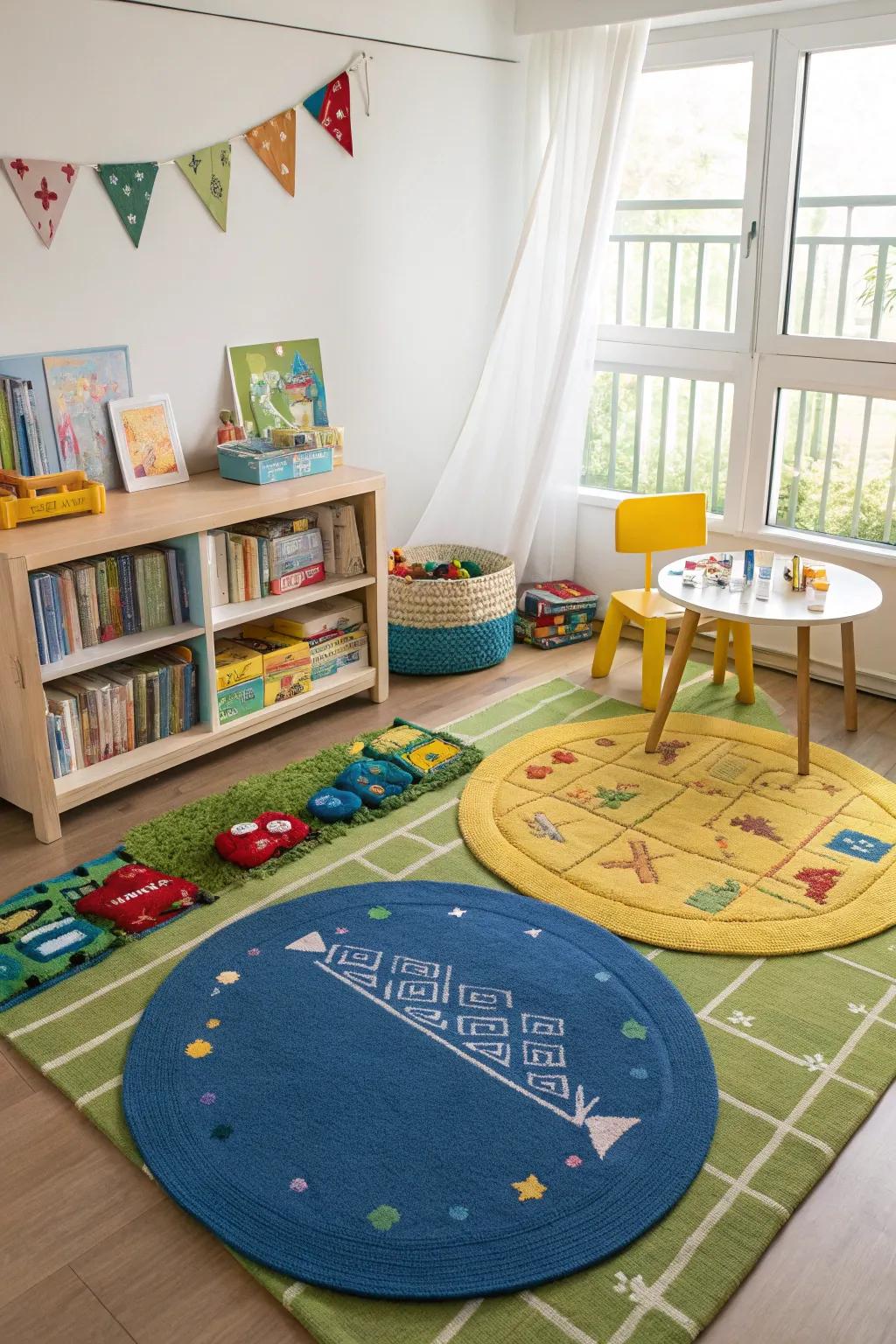 Rugs show areas for different things in a kid's room.