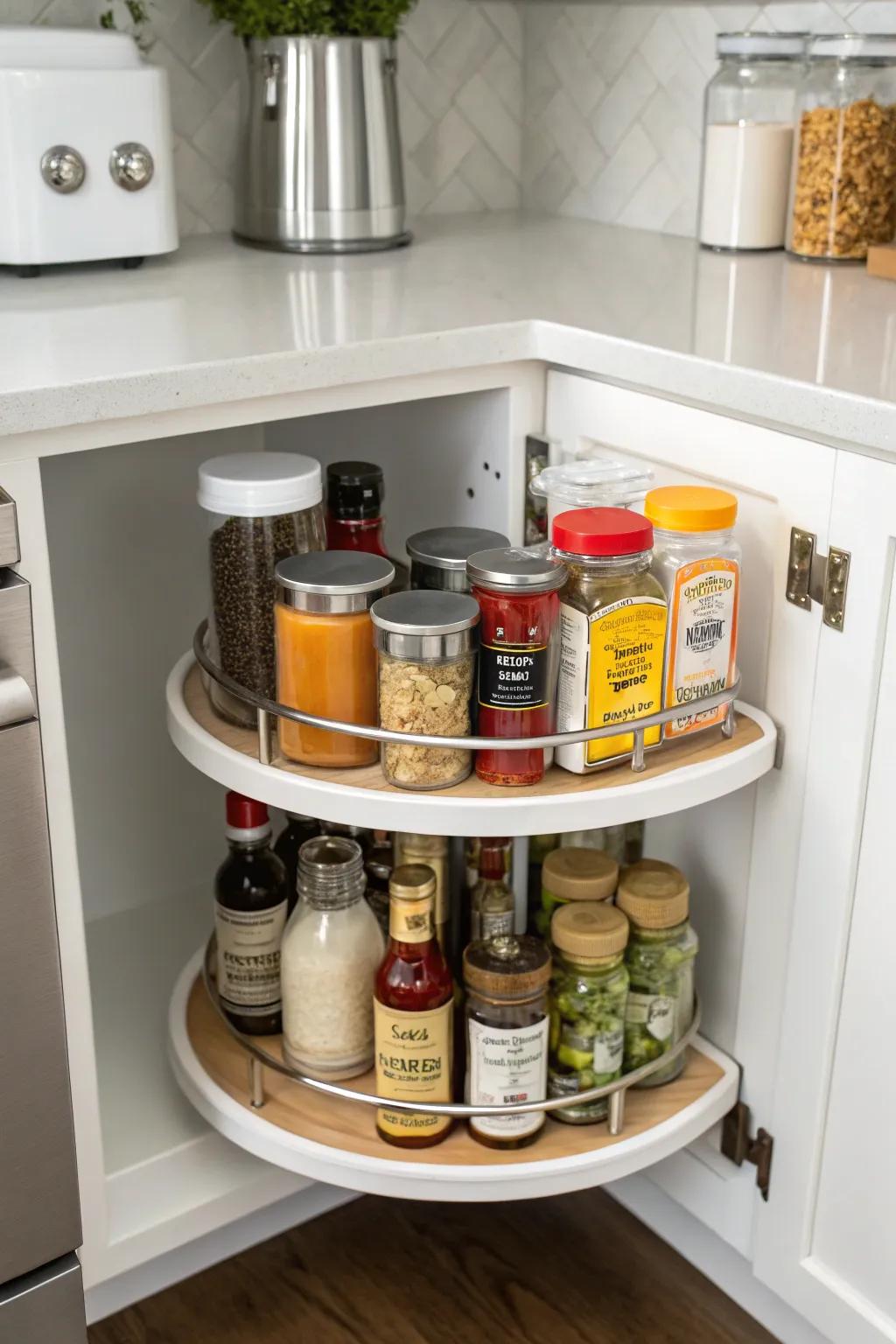 A Lazy Susan dramatically improves accessibility in deep cabinets.