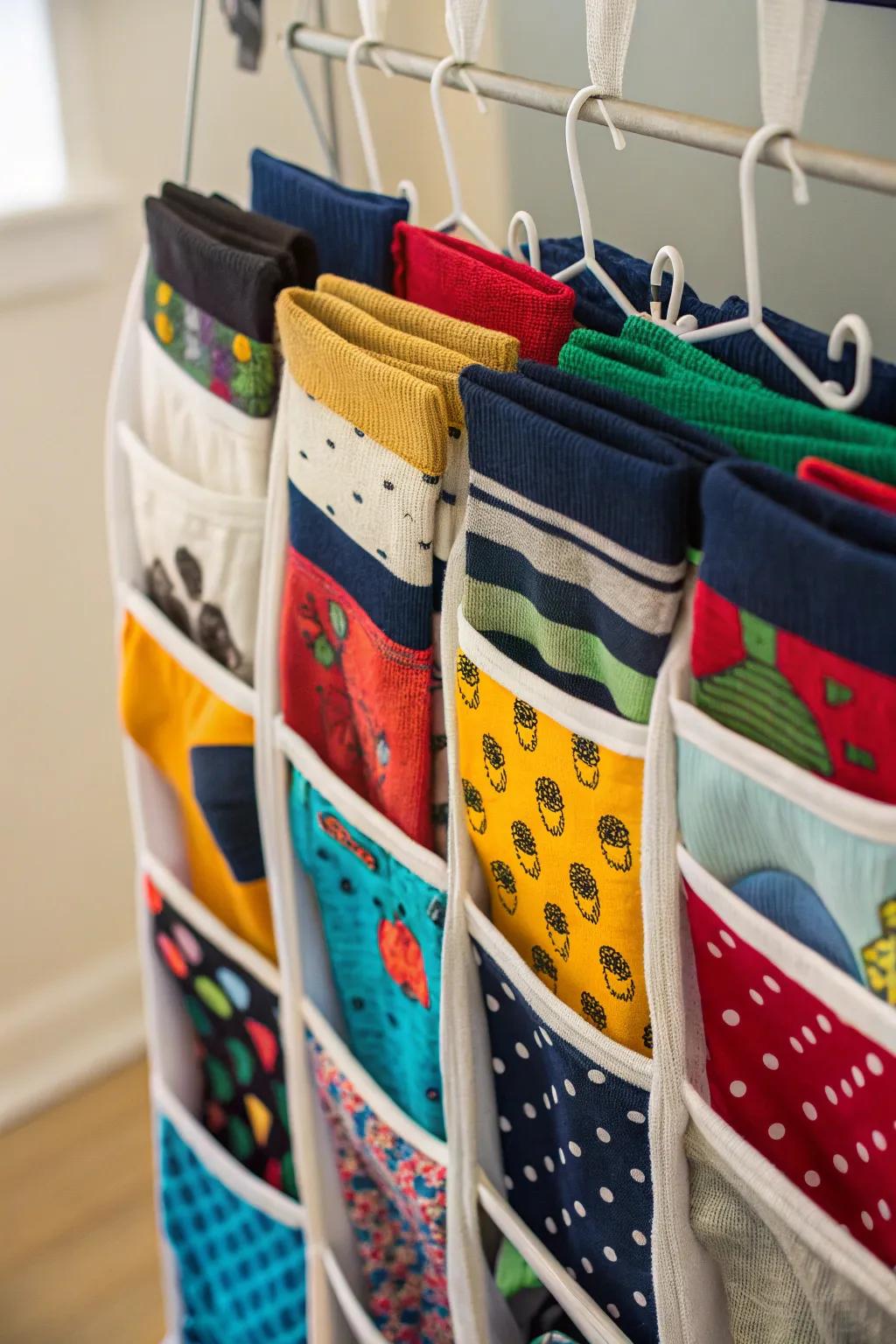 Save space with a useful hanging sock organizer.