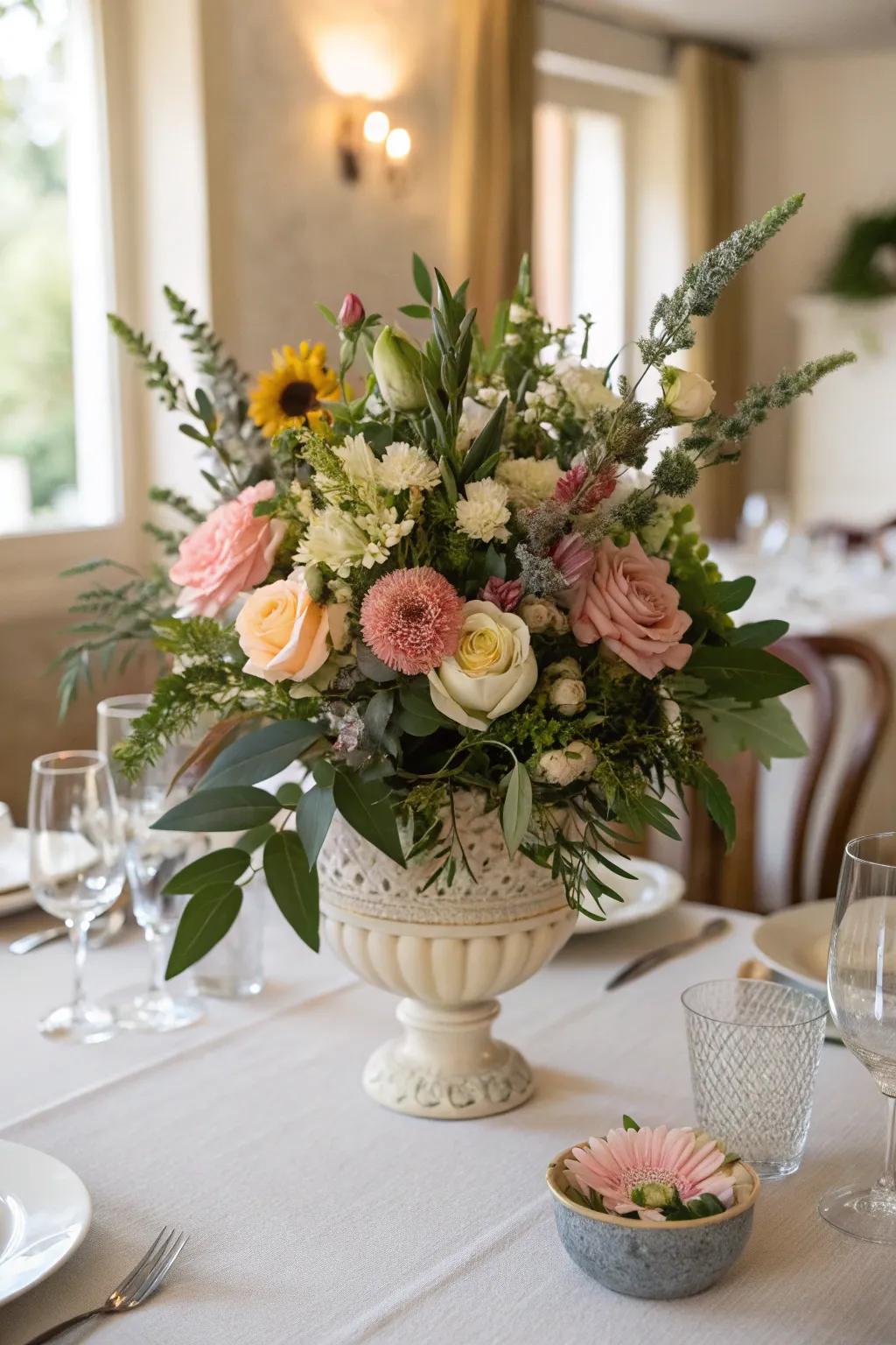 A textured setting with flowers and lush verdure.