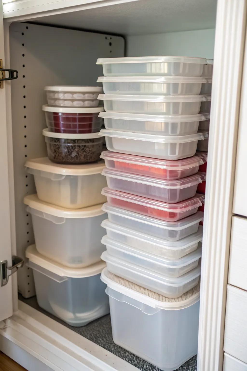 Nested plastic containers neatly arranged within a cabinet.