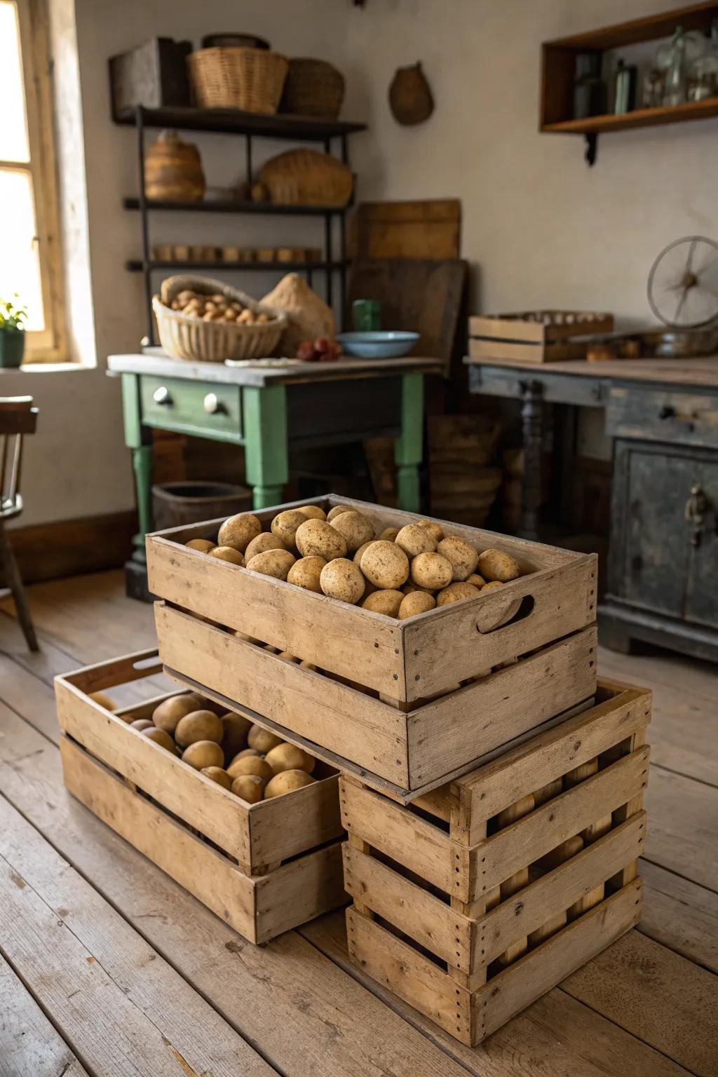 Rustic farmhouse appeal with stacked wooden crates for potato storage.