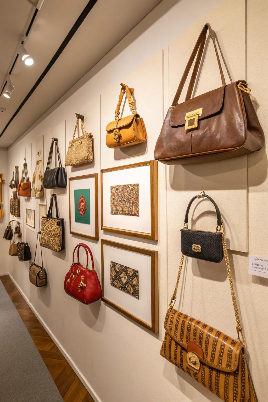 An inventive gallery wall showcasing handbags as stylish works of art.