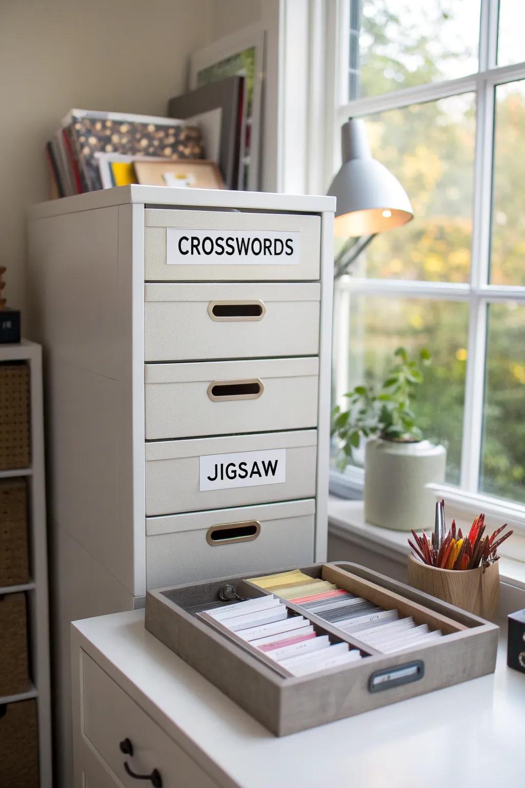 Drawer components for categorized puzzle storage.
