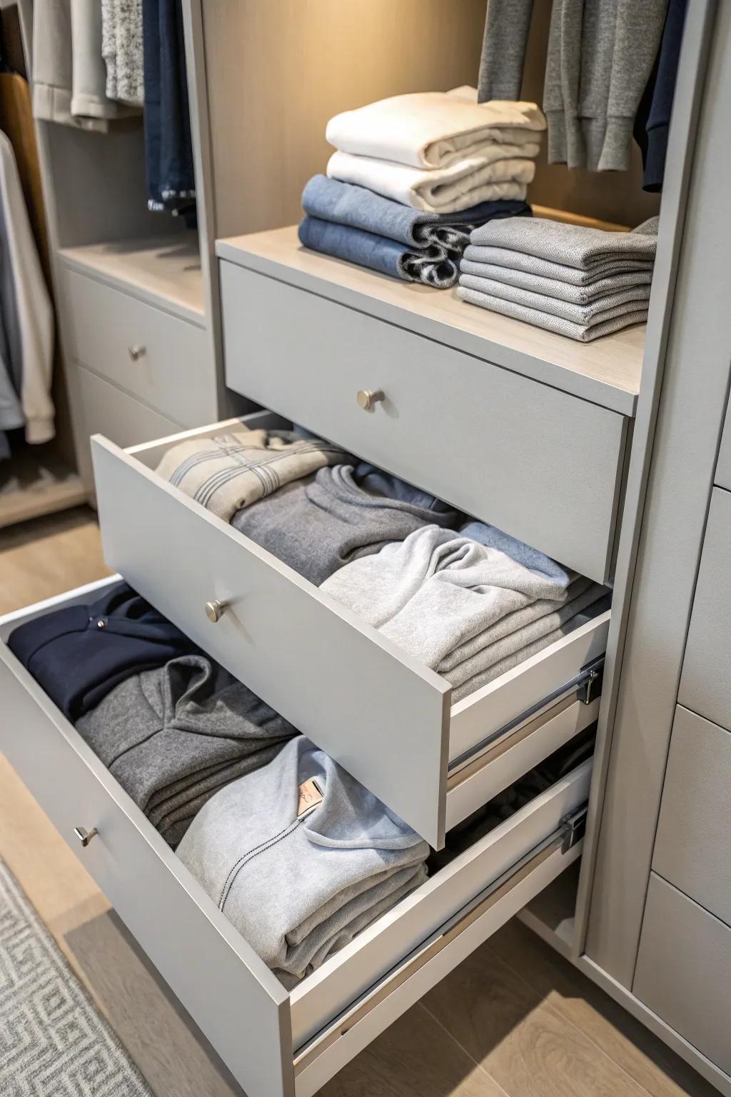 Drawers in closets offer concealed storage for quick retrieval.