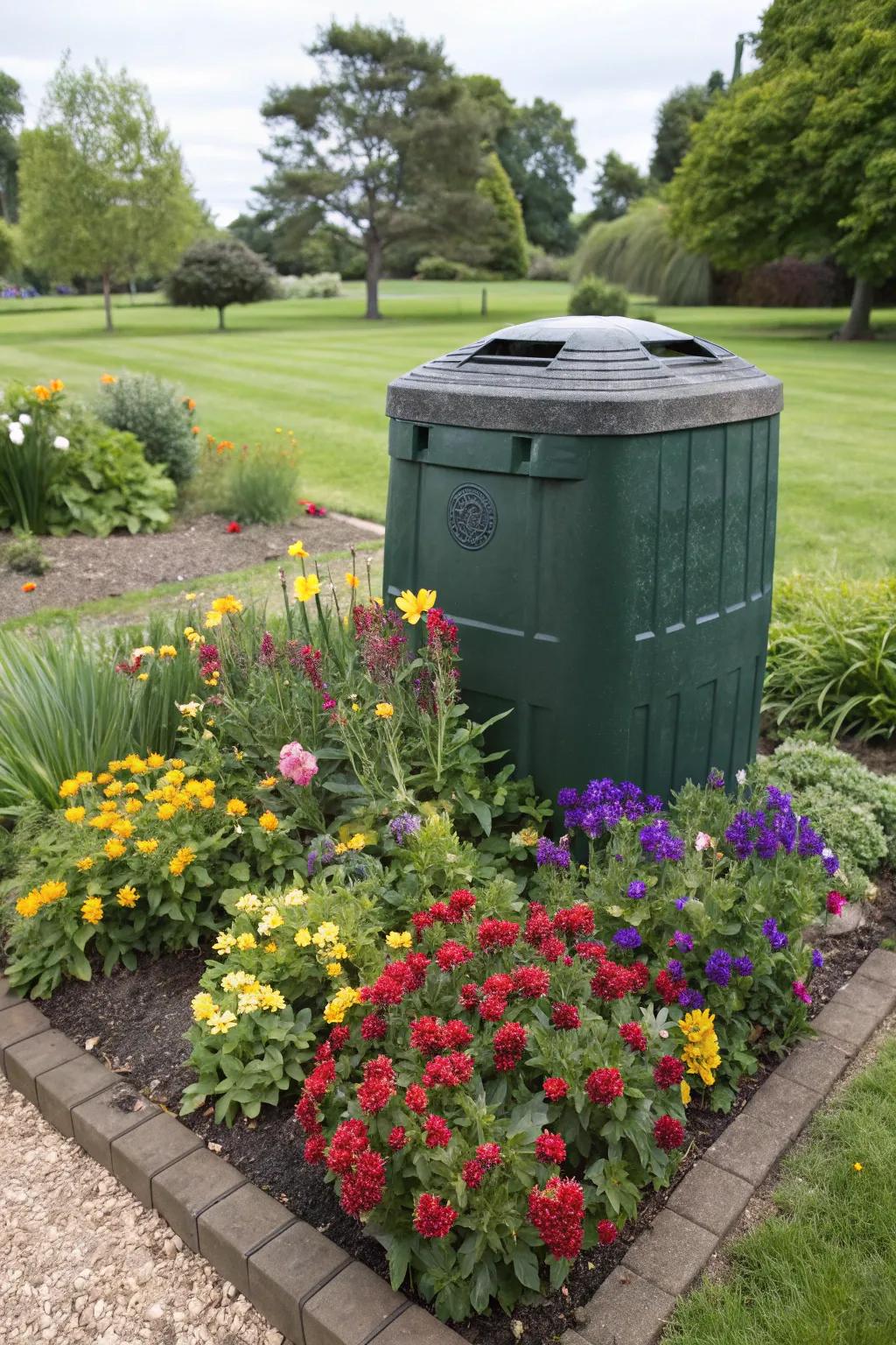 A cleverly concealed composter flawlessly incorporated within a bright and vibrant flower bed.
