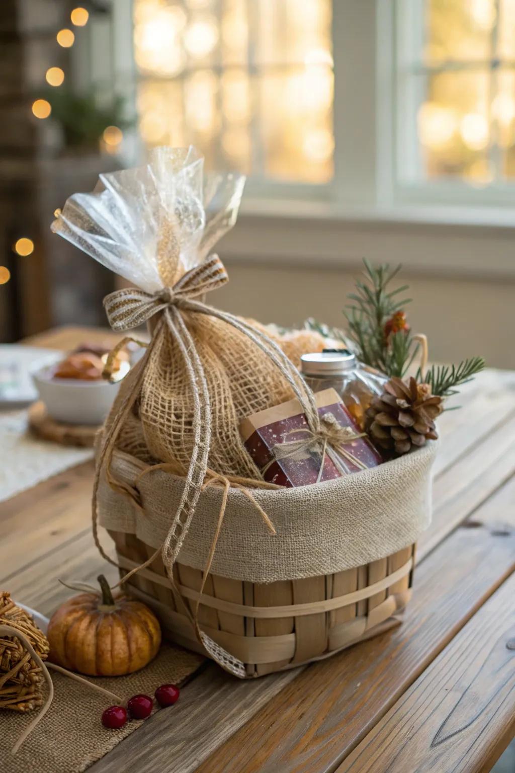 Hessian wrapping gives a homespun appeal to any basket.
