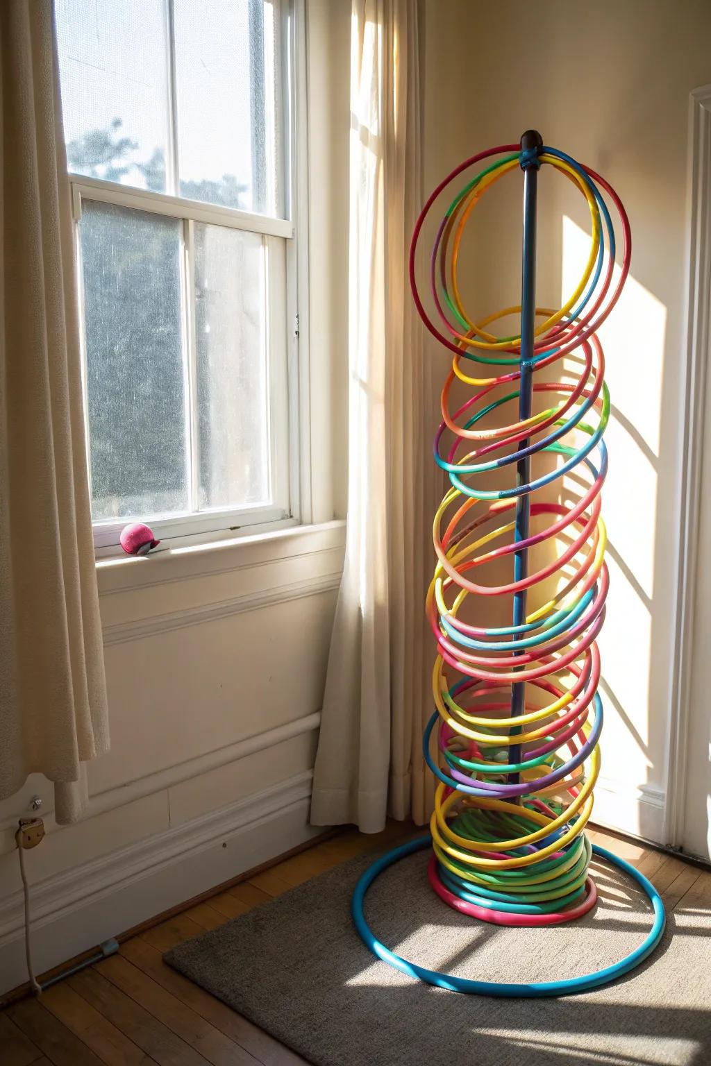 Hula hoops piled neatly on a vertical rod, forming an organized and attractive corner display.