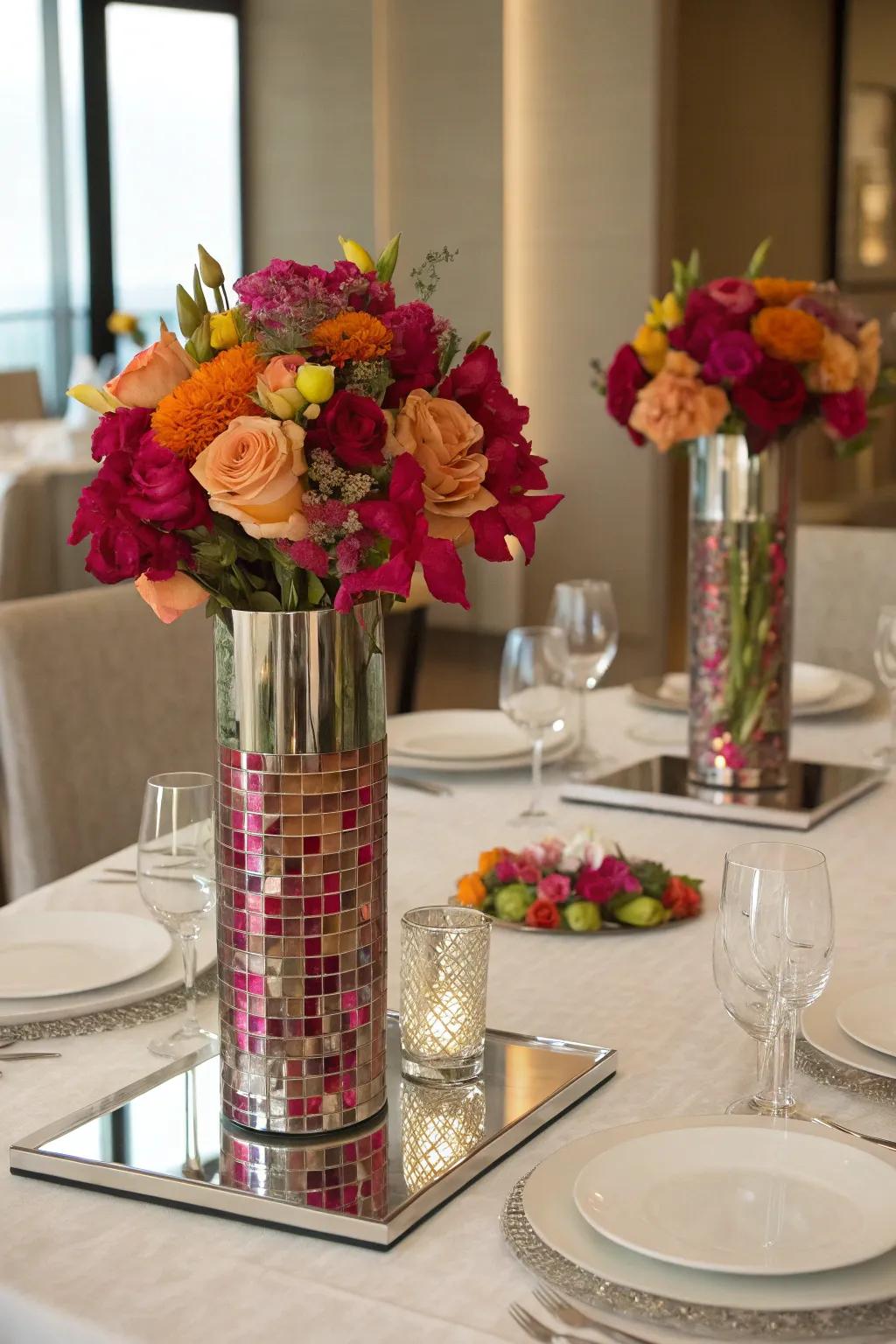 Mirrored stands beneath windproof candle holders contribute an elegant feel by bouncing light.