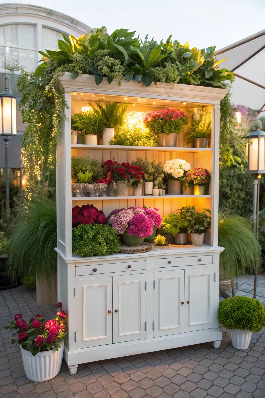 Lush vegetation and flowers animate this sophisticated hutch.