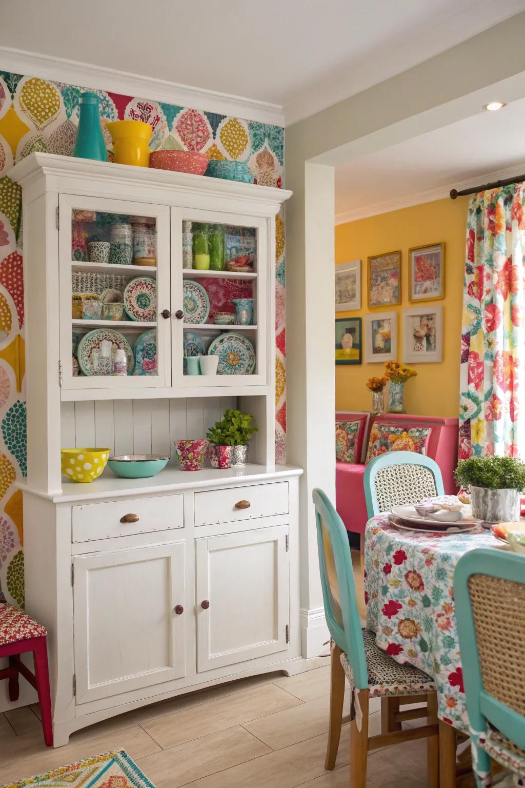 Graphic lining introduces a touch of whimsy to this hutch.