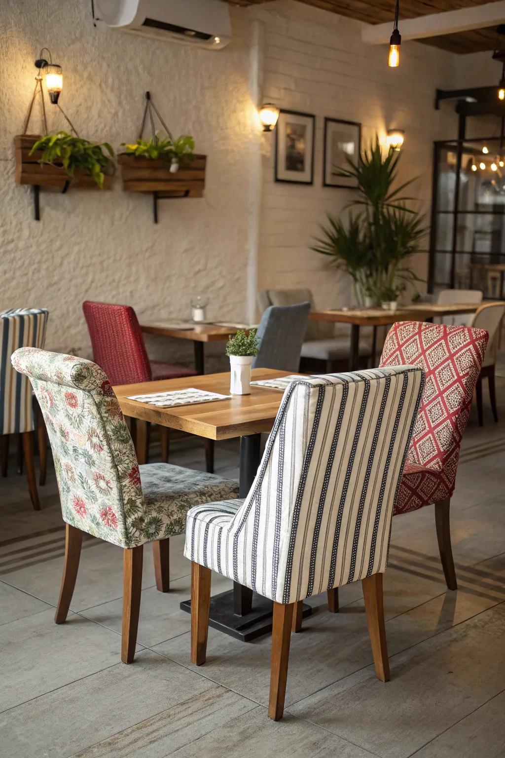 Relaxed allure with striped chair wraps.