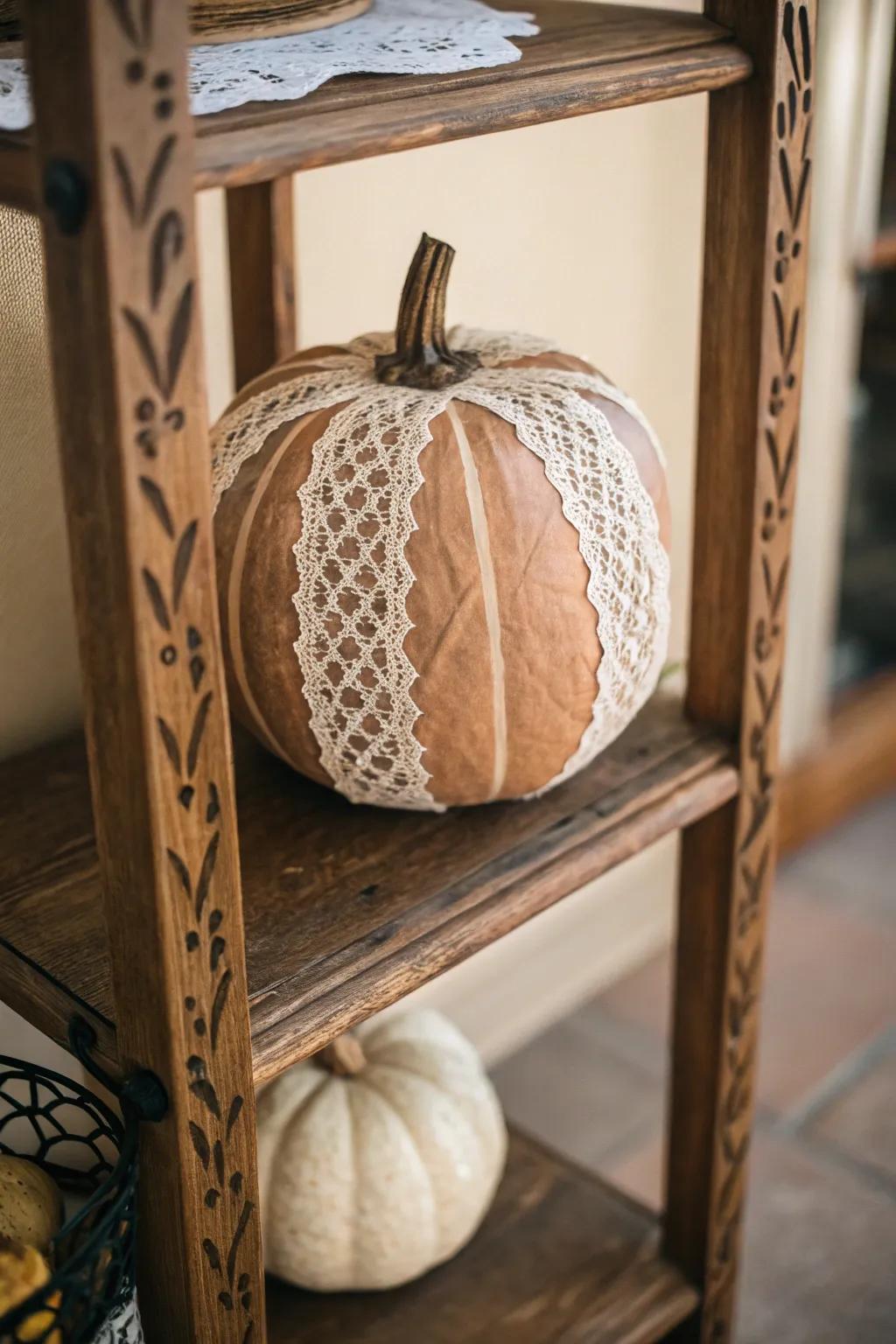 A lace-adorned pumpkin that brings an element of refinement to any space.