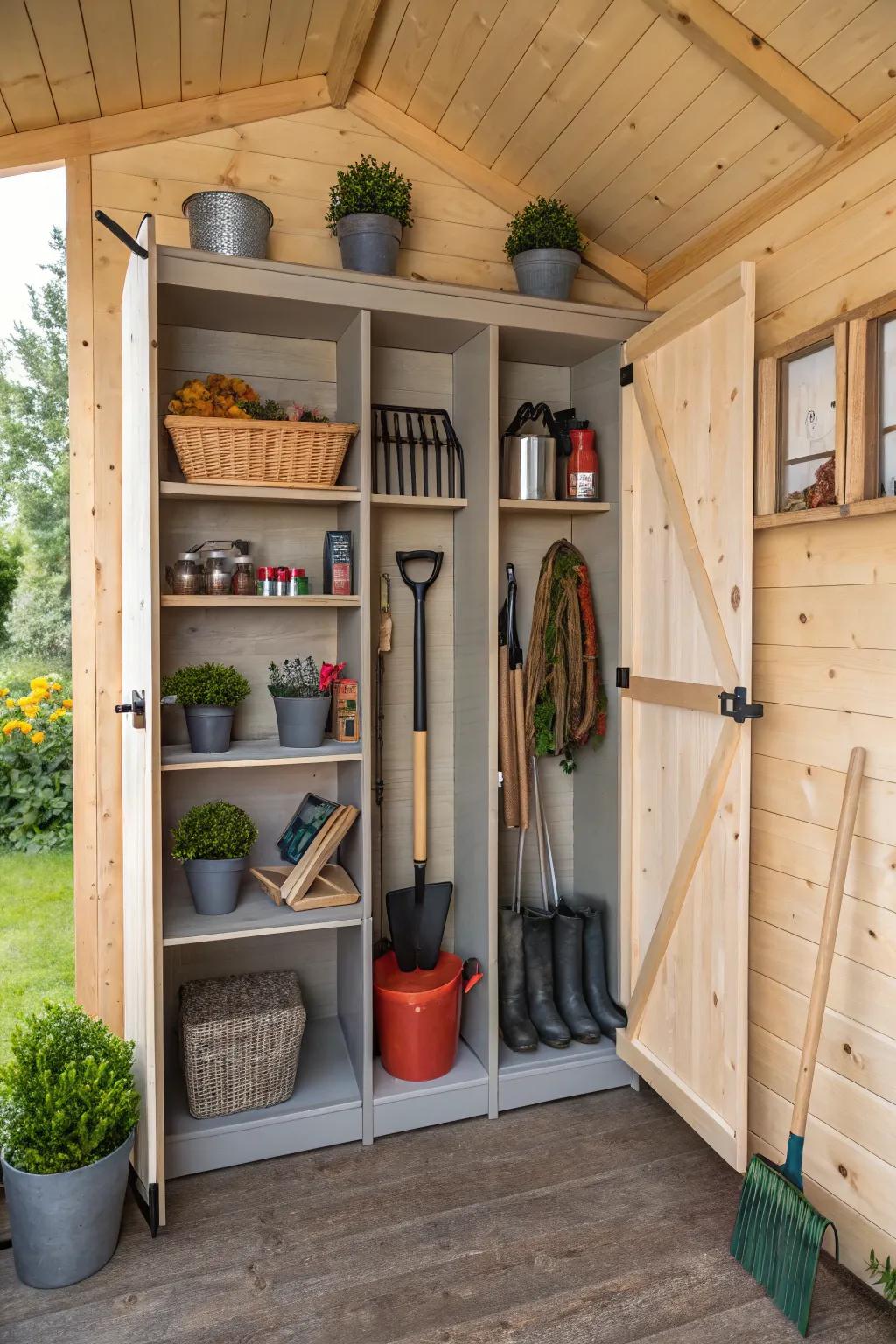 A structured shed keeps tools accessible and prepared for gardening.