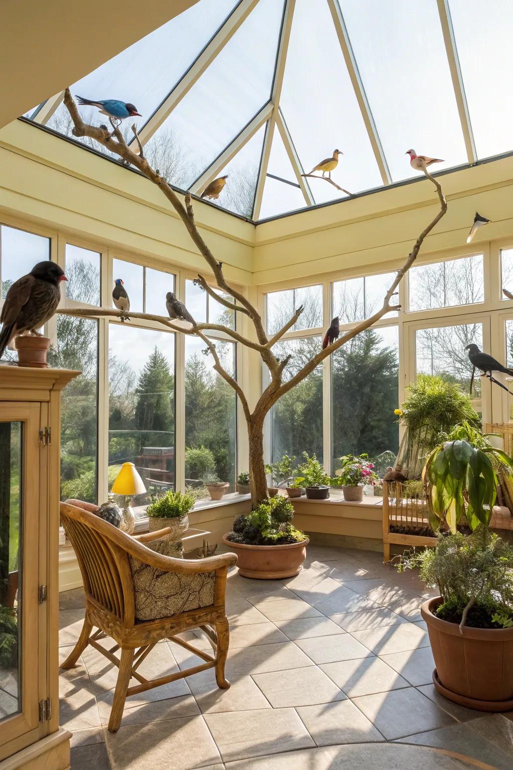A sun-drenched enclosure where birds bask in natural light.