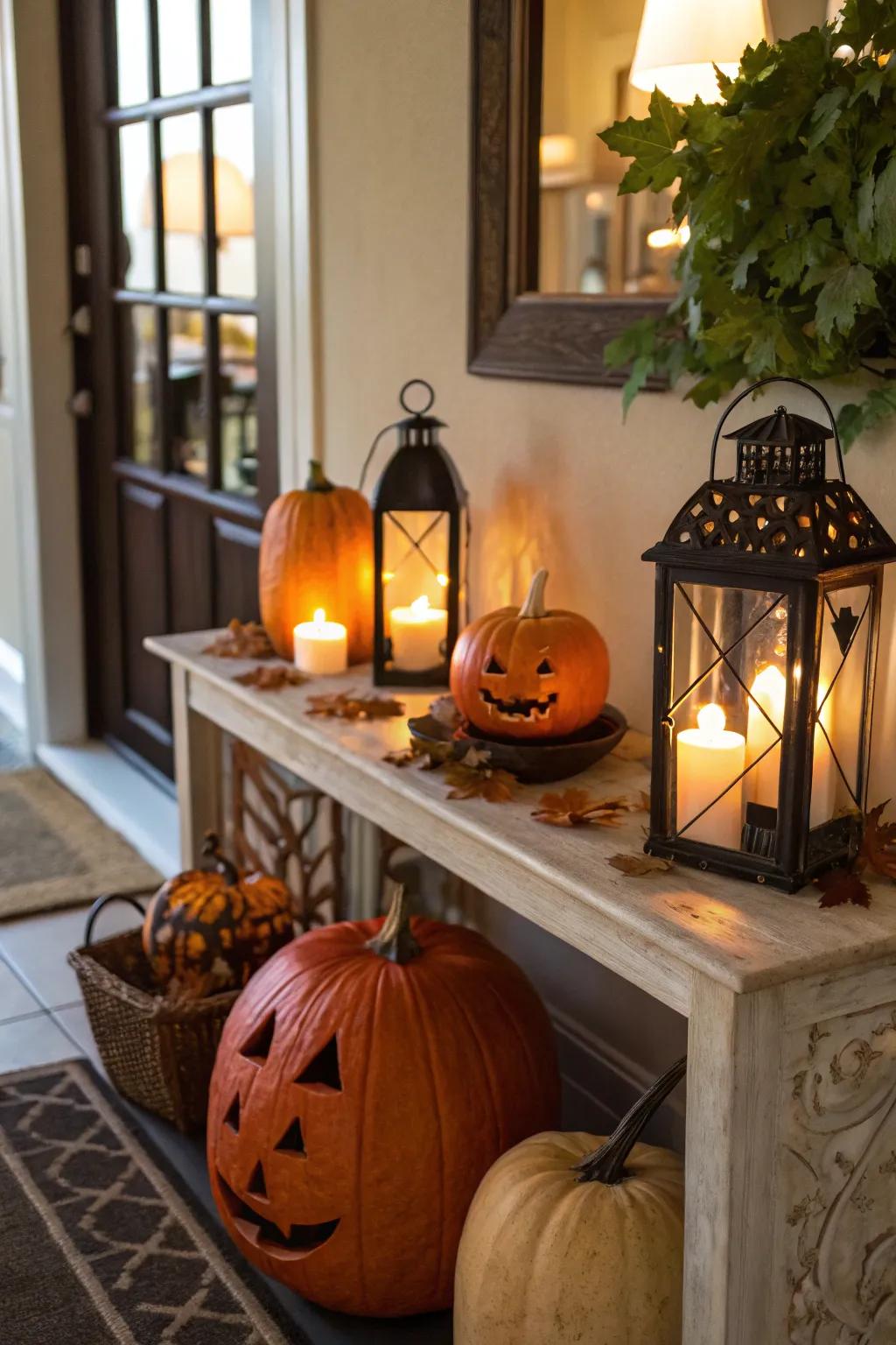 A welcoming entrance display, festively themed for Halloween.