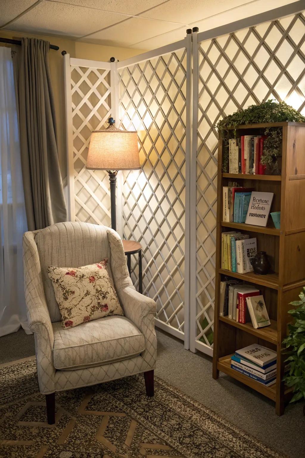 Lattice element crafting a relaxing and welcoming reading space.