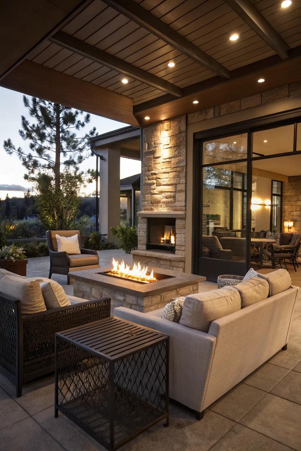 A fireplace injects warmth and ambiance into your enclosed patio.