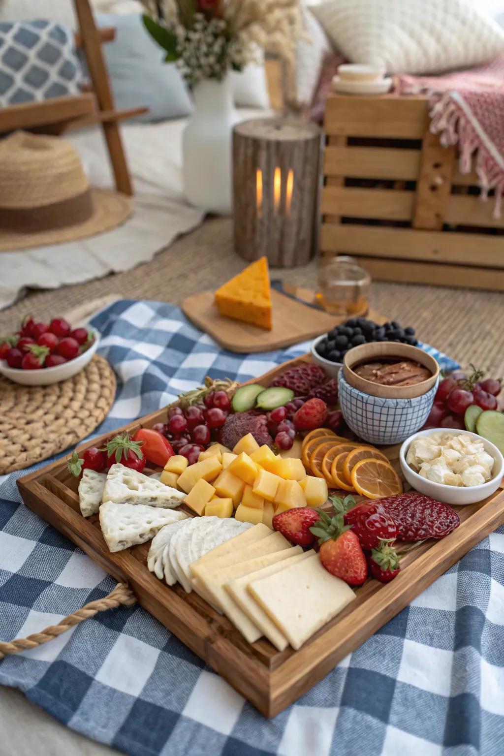 A remarkable snack selection as the center attraction of an indoor picnic.