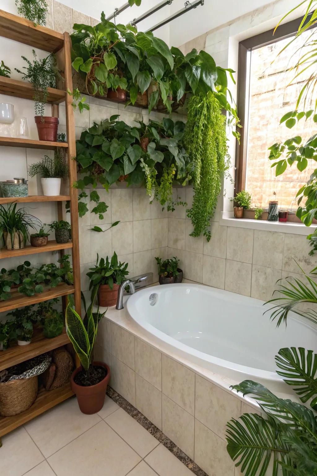 Design a serene bathroom sanctuary with plants.