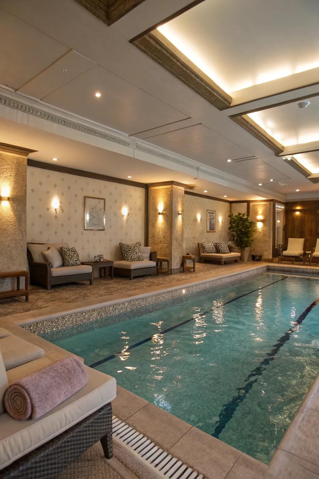 An inviting resting zone next to an indoor pool