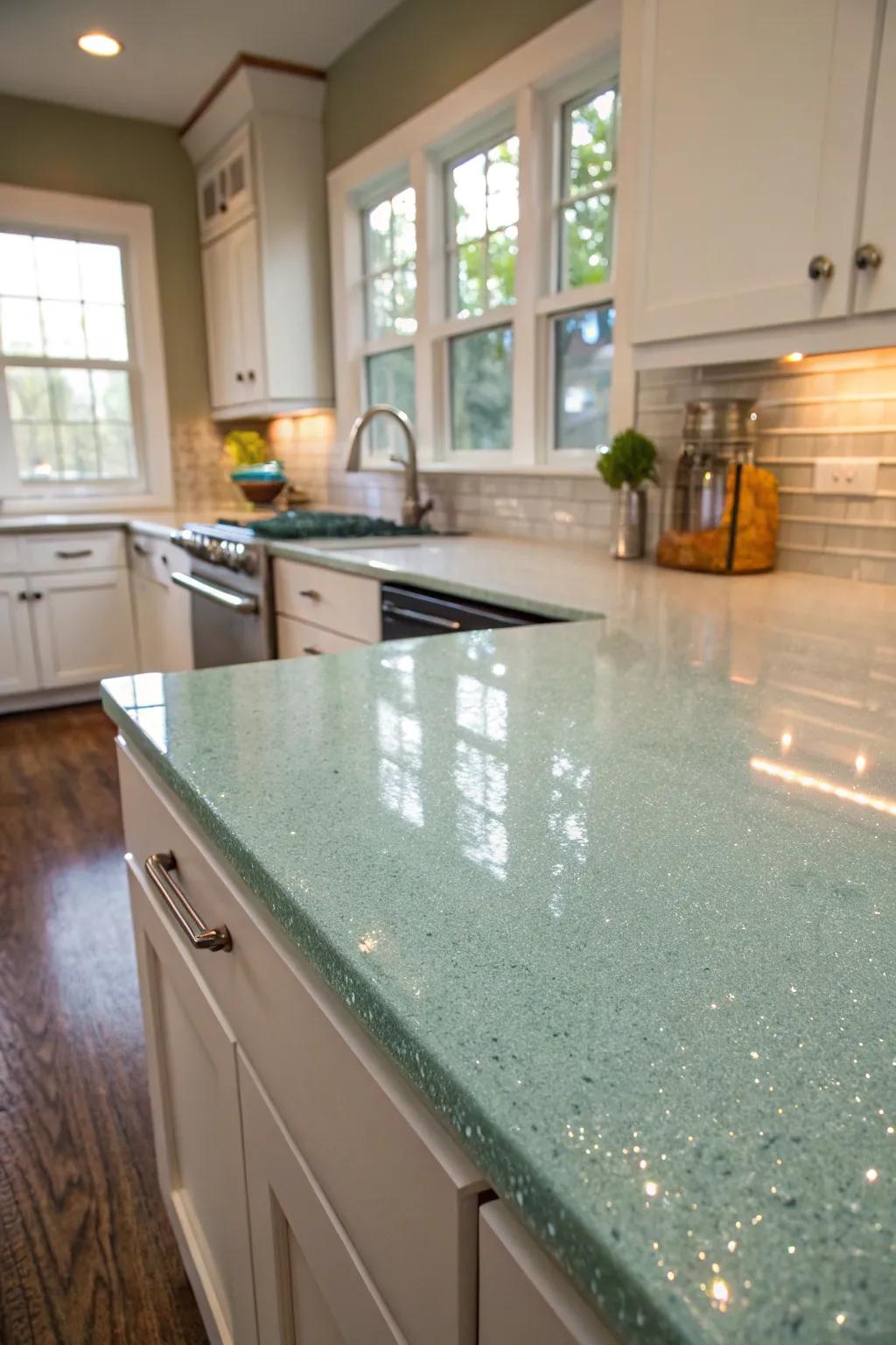 Reclaimed glass countertops provide a unique and eco-friendly kitchen solution.