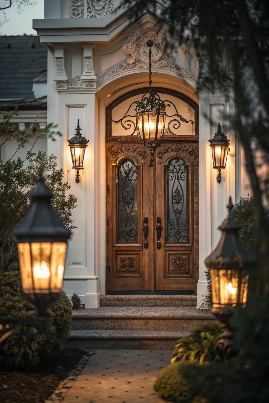 Lamps enhance a timeless allure to this inset front door.