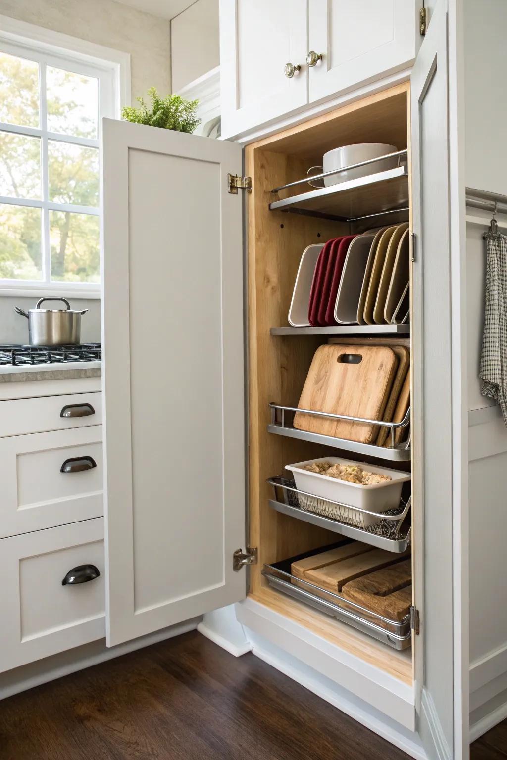 Vertical racks transform cutting board chaos into an organized display.