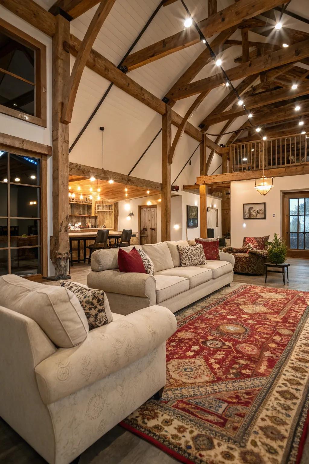 Cozy seating arrangements make large spaces feel inviting.