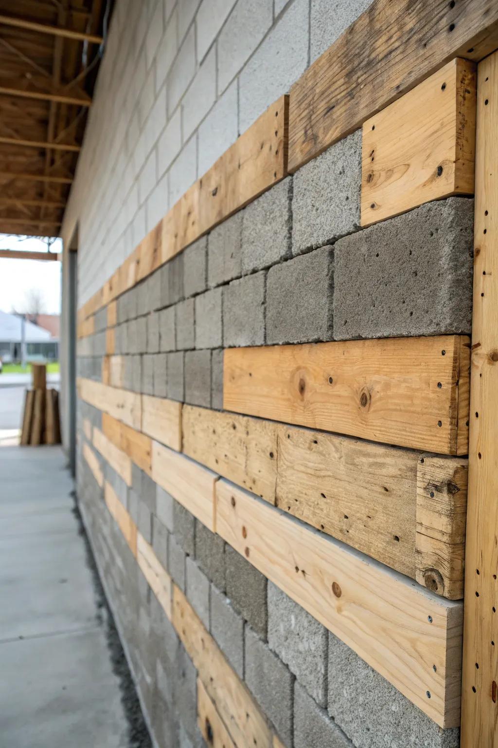 Upcycled wood panels add warmth to a cinder block wall.