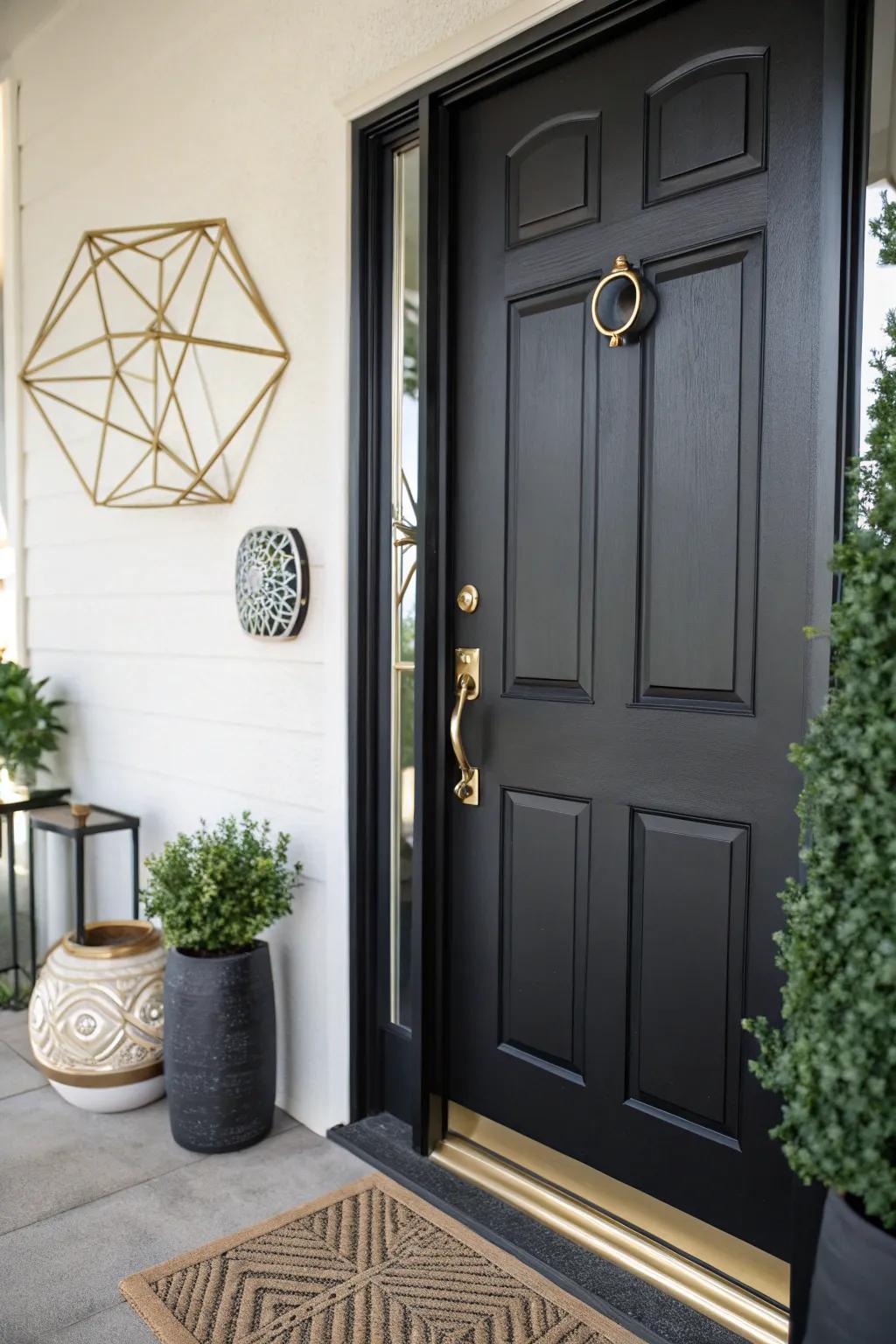 A classic black door imparts timeless elegance to the entryway.