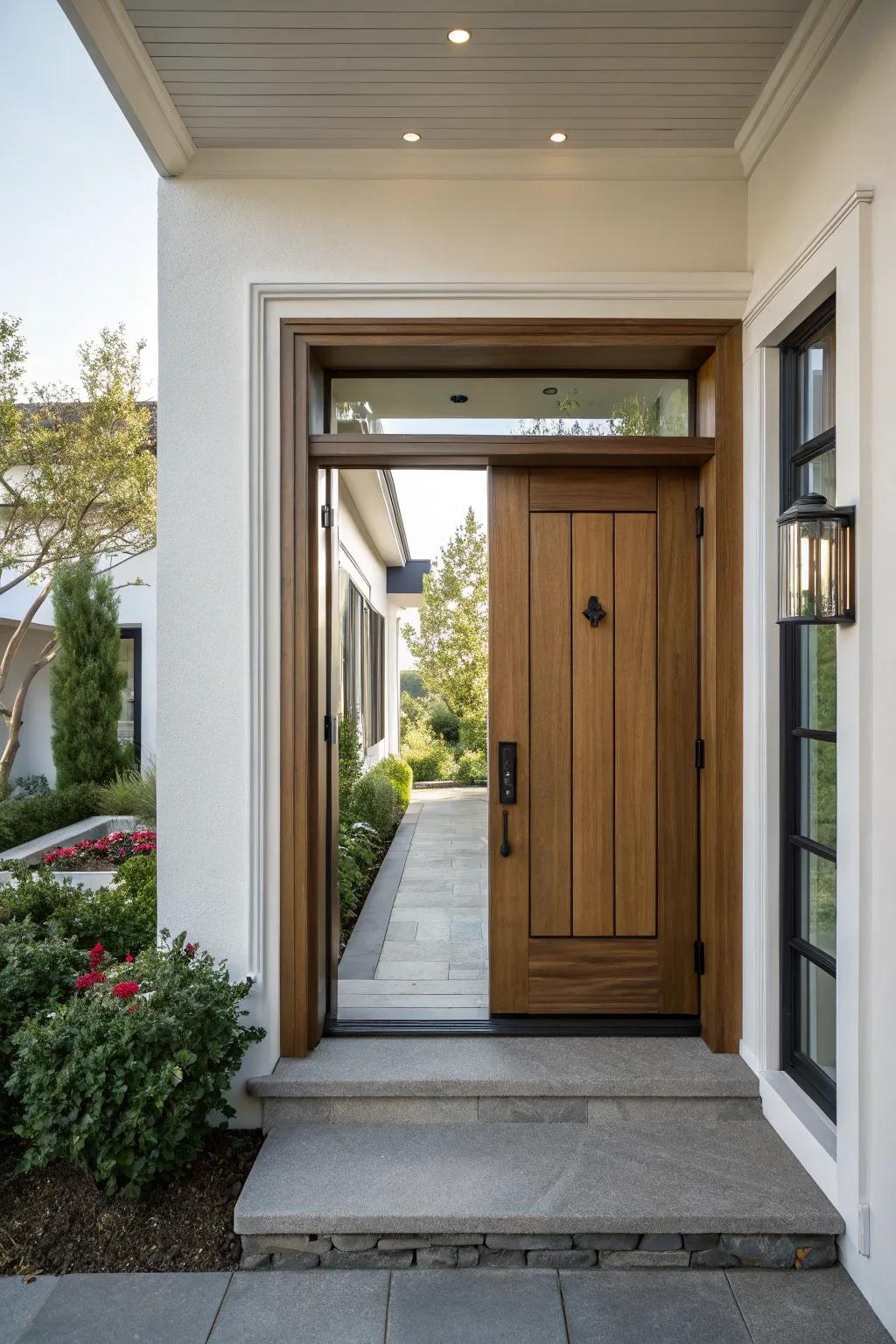A modern entrance featuring stylish trim, framing a welcoming door.