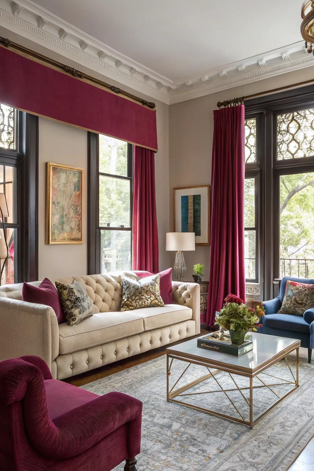 Jewel-toned frames bring drama and refinement into the space.