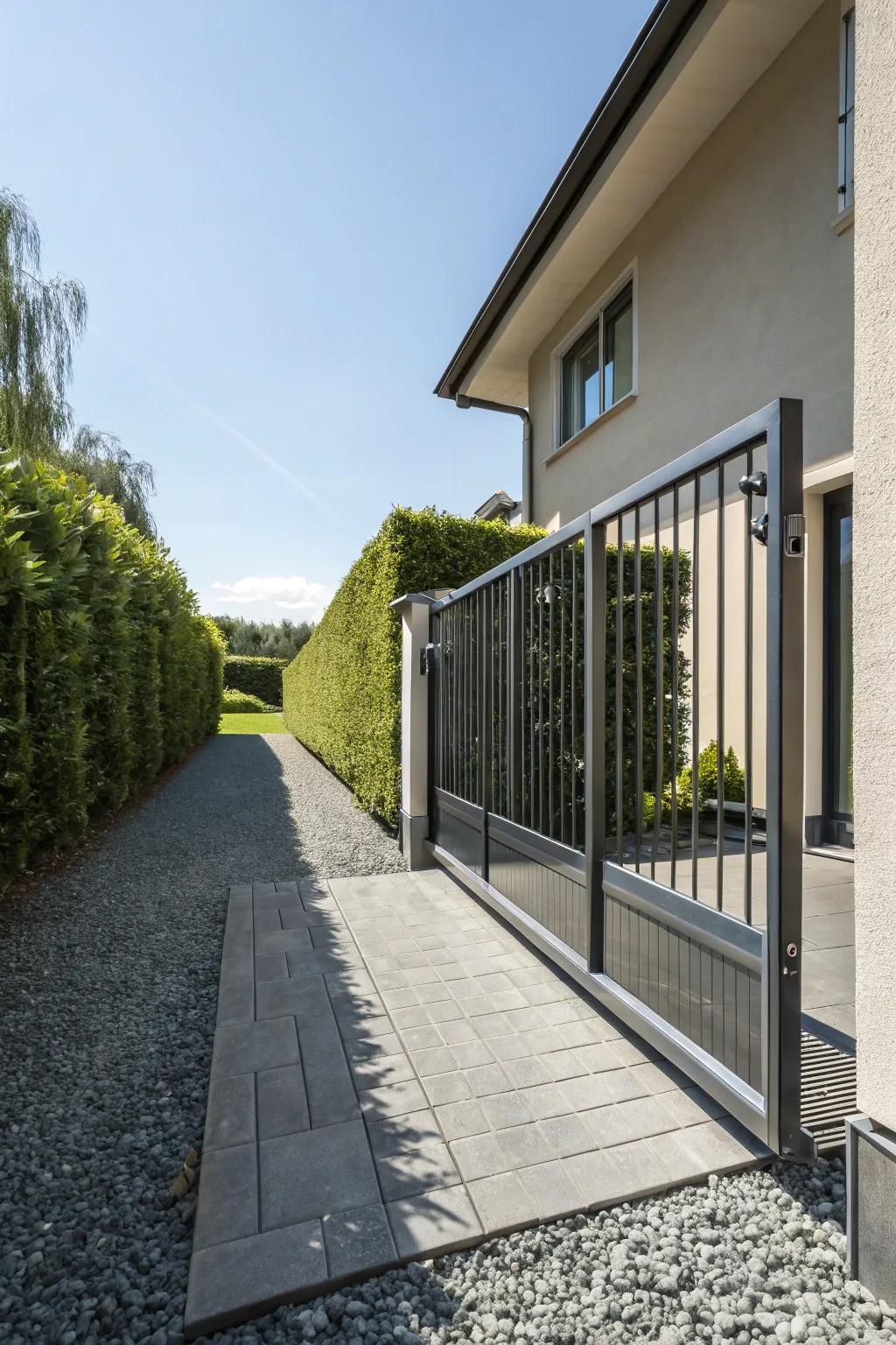 A space-saving gliding iron entrance for modern driveways.