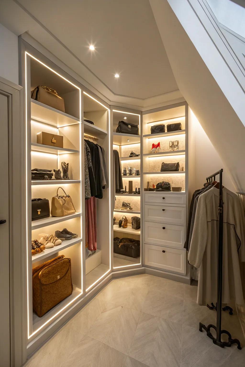 Proper lighting brightens and accentuates an irregular closet’s elements.