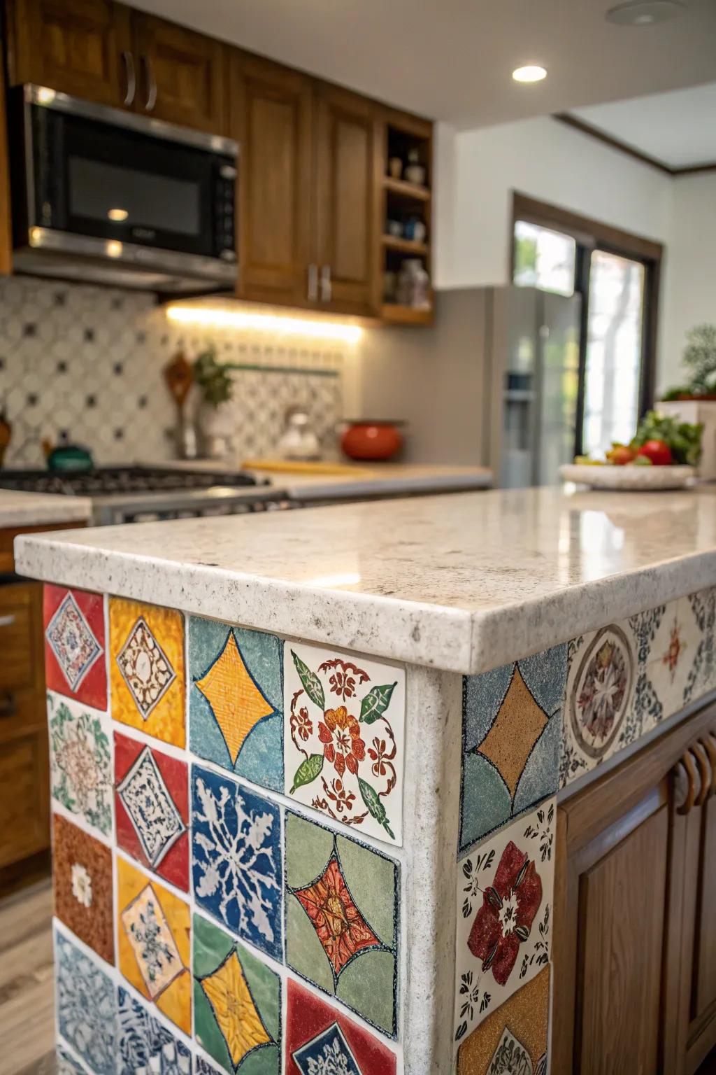 Tile countertops add a splash of color and texture to a kitchen island.